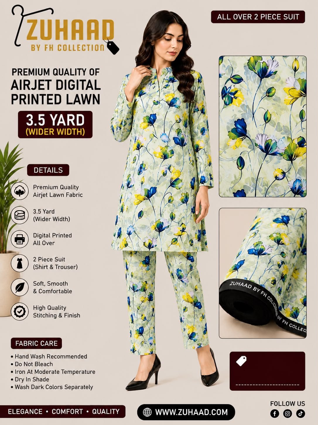 Premium Quality Airjet Digital Printed Lawn 2 PC Suit (Wider Width) - Design 20