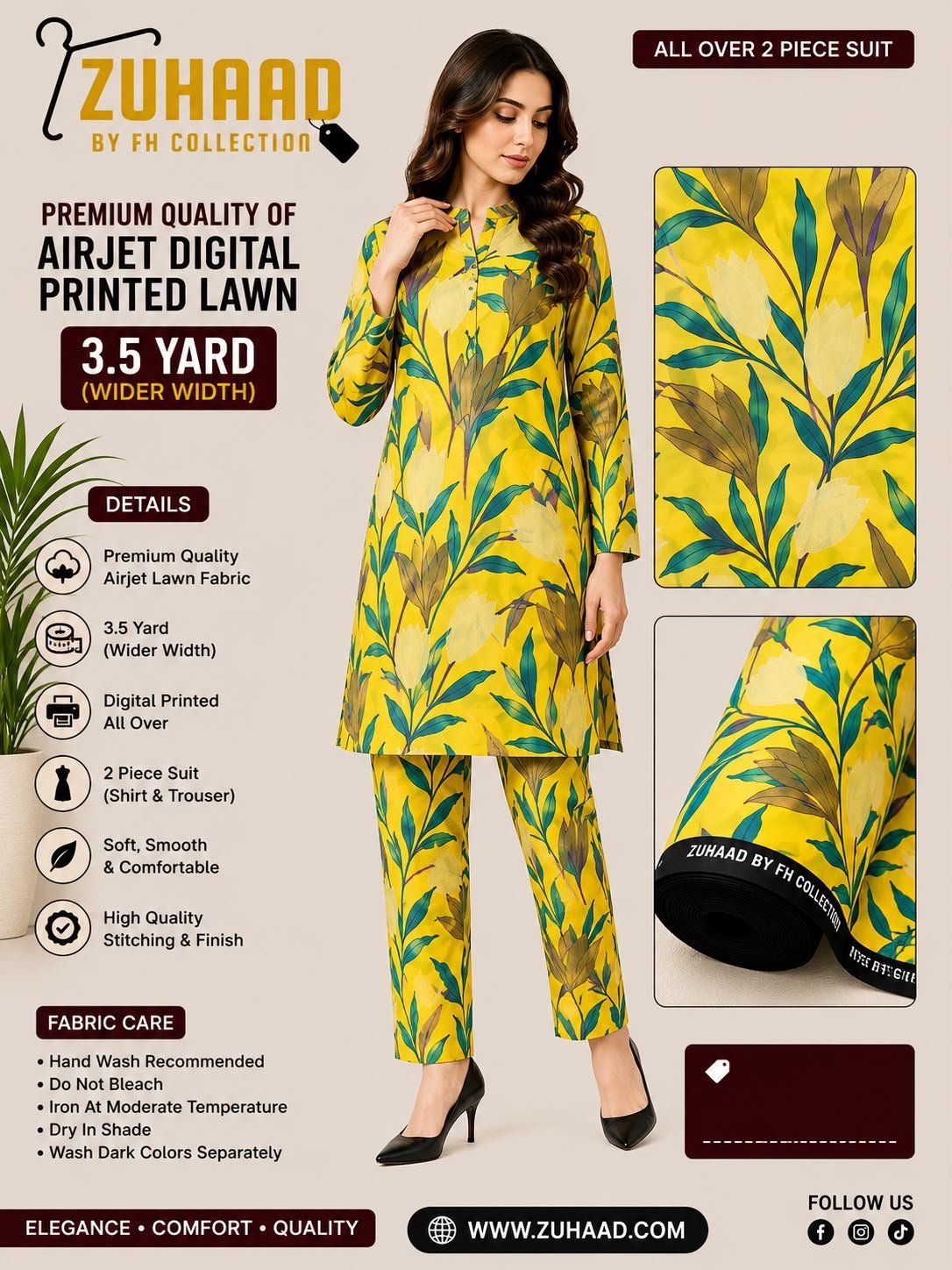 Premium Quality Airjet Digital Printed Lawn 2 PC Suit (Wider Width) - Design 19