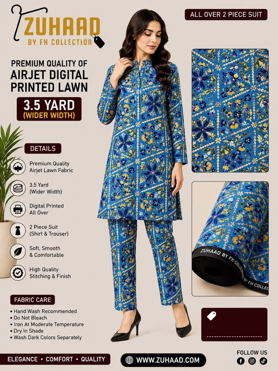 Airjet 2pc design Premium Quality Airjet Digital Printed Lawn 2 PC Suit (Wider Width) - Design 1