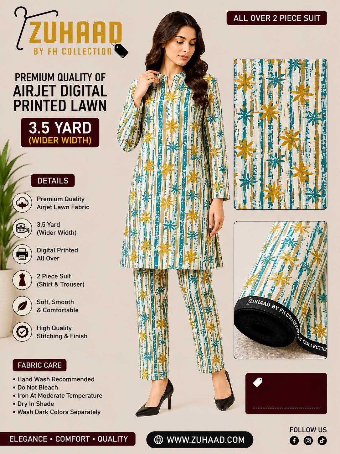 Premium Quality Airjet Digital Printed Lawn 2 PC Suit (Wider Width) - Design 26