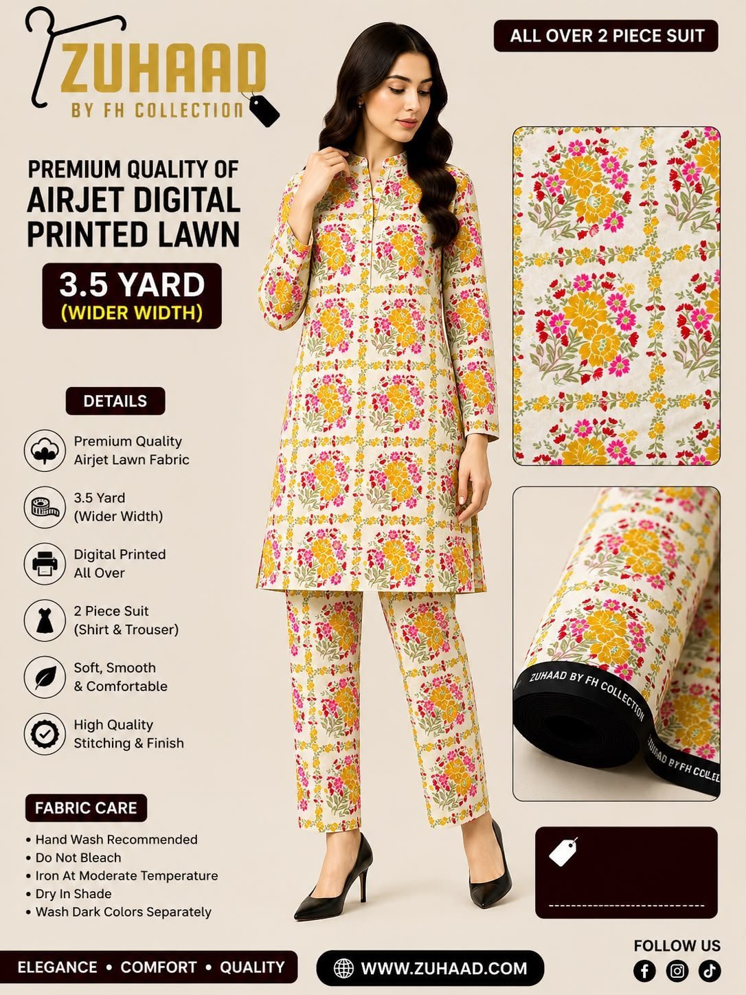 Airjet 2pc design 2266 Premium Quality Airjet Digital Printed Lawn 2 PC Suit (Wider Width) - Design 7