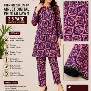 Premium Quality Airjet Digital Printed Lawn 2 PC Suit (Wider Width) - Design 25