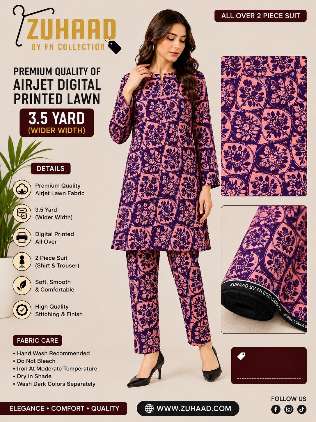 Premium Quality Airjet Digital Printed Lawn 2 PC Suit (Wider Width) - Design 25