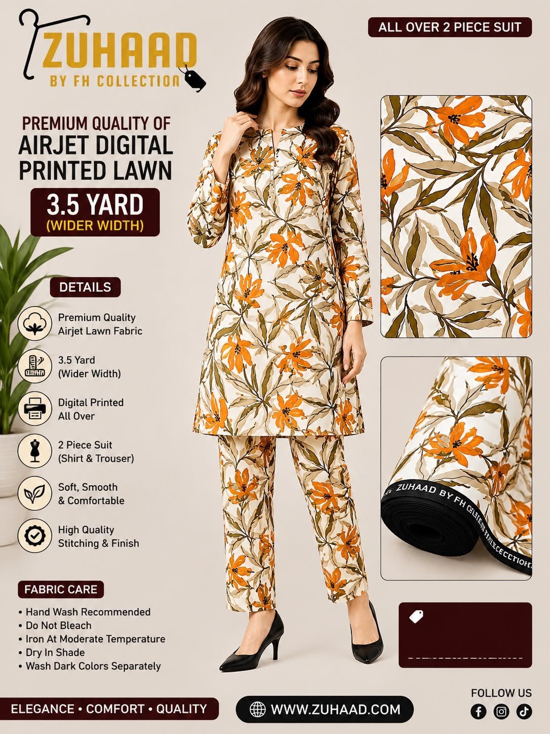 Premium Quality Airjet Digital Printed Lawn 2 PC Suit (Wider Width) - Design 24