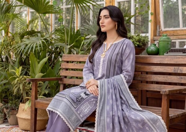 Bin Saad Vol 3 3PC Lawn Suit – Airy Printed Shirt, Voil Dupatta & Dyed Trouser (Design 2)