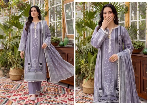 Bin Saad Vol 3 3PC Lawn Suit – Airy Printed Shirt, Voil Dupatta & Dyed Trouser (Design 2)