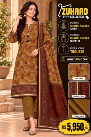 Zuhaad Premium Chamki Khaddar 3 Piece Suit in Mustard Brown image 1 Zuhaad Premium Chamki Khaddar 3 Piece Suit in Mustard Brown image 1