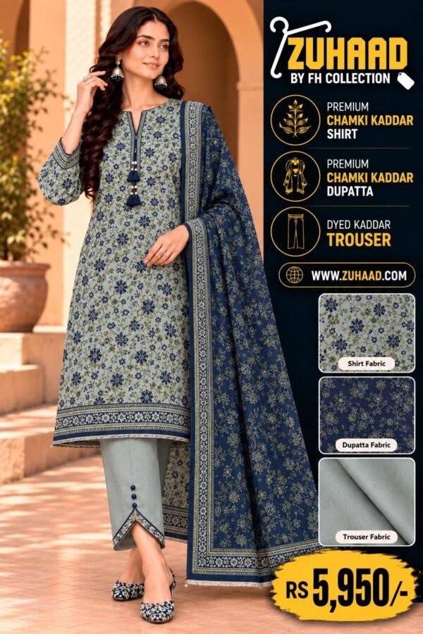 Zuhaad Premium Chamki Khaddar 3 Piece Suit in Grey and Blue Floral Print image 2