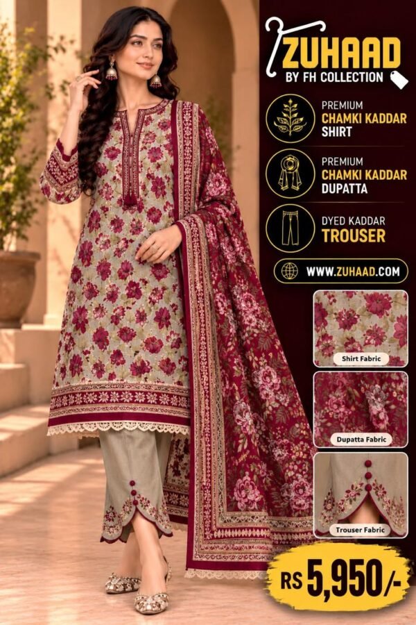 Zuhaad Premium Beige Maroon Chamki Kaddar 3 Piece Suit image 16