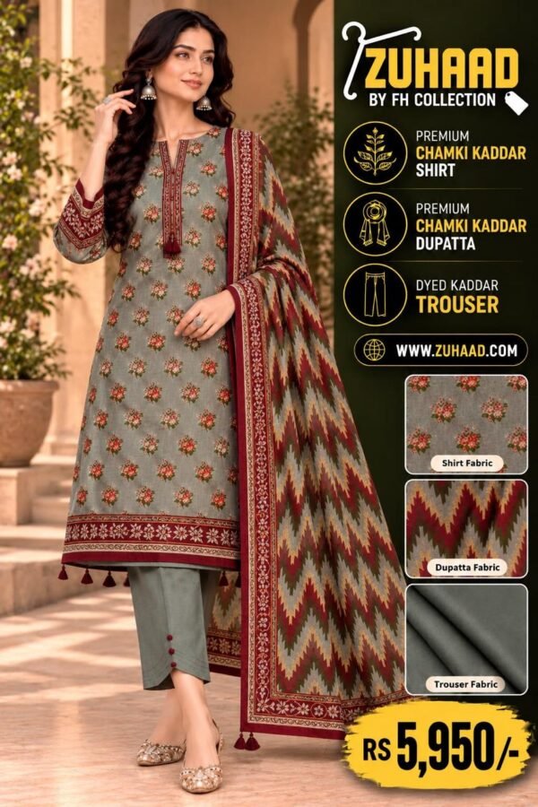 Zuhaad Grey Maroon Chamki Kaddar 3 Piece Suit image 17