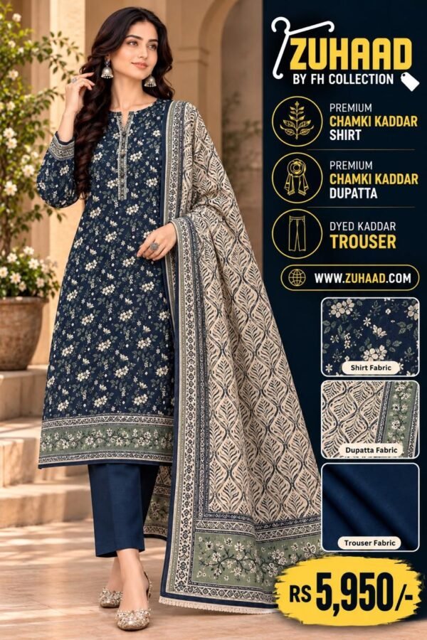 Zuhaad Navy Blue Beige Chamki Kaddar 3 Piece Suit image 18