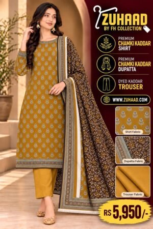Zuhaad Mustard Yellow Floral Chamki Kaddar Suit image 27